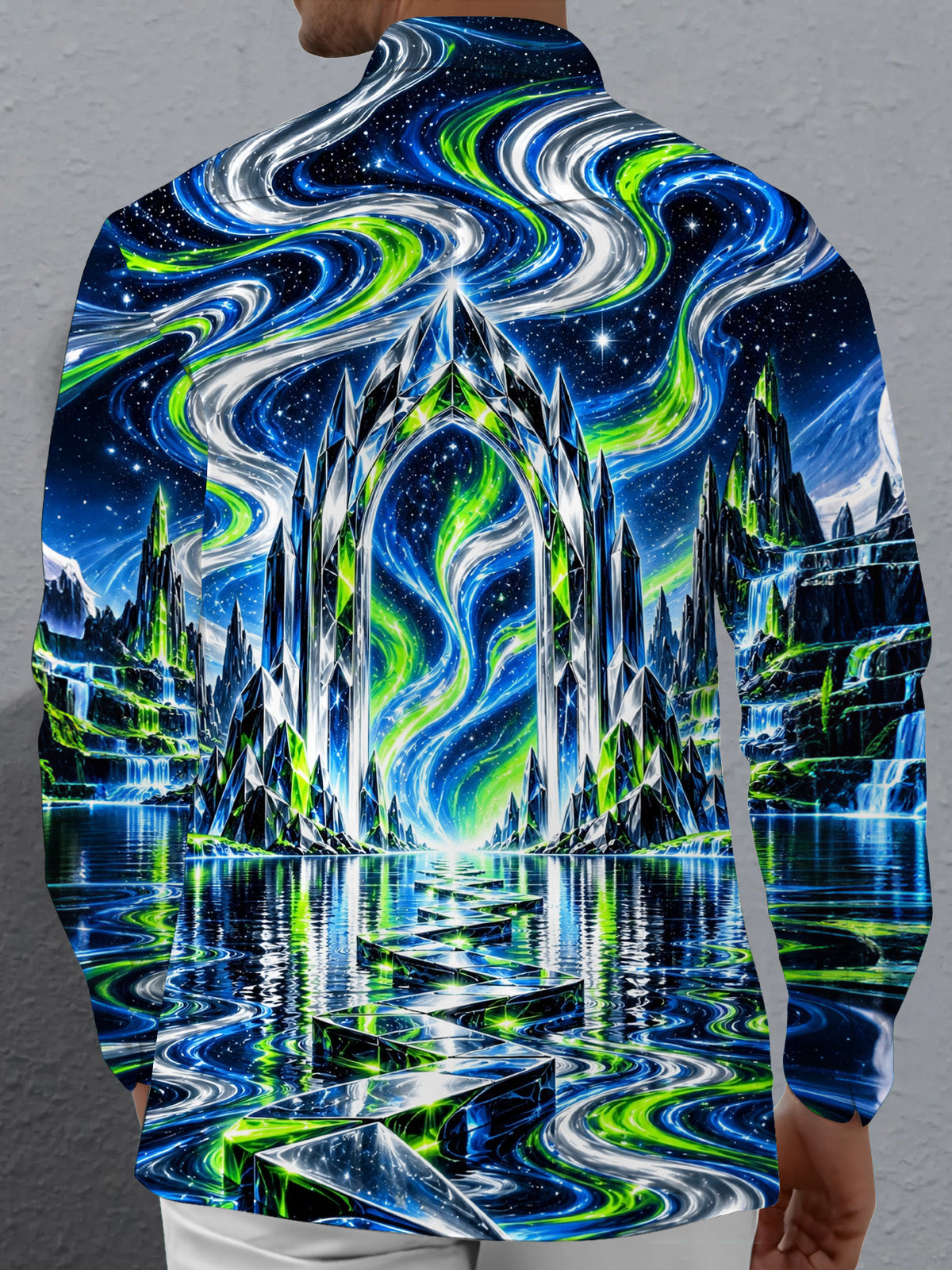Adaychic Men's Long Sleeve Shirt - Crystal Archway And Aurora Borealis Landscape Print with Chest Pocket