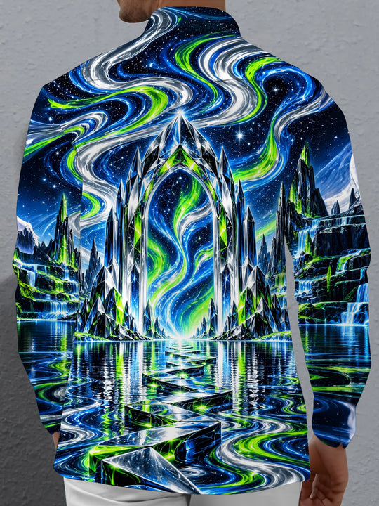Adaychic Men's Long Sleeve Shirt - Crystal Archway And Aurora Borealis Landscape Print with Chest Pocket