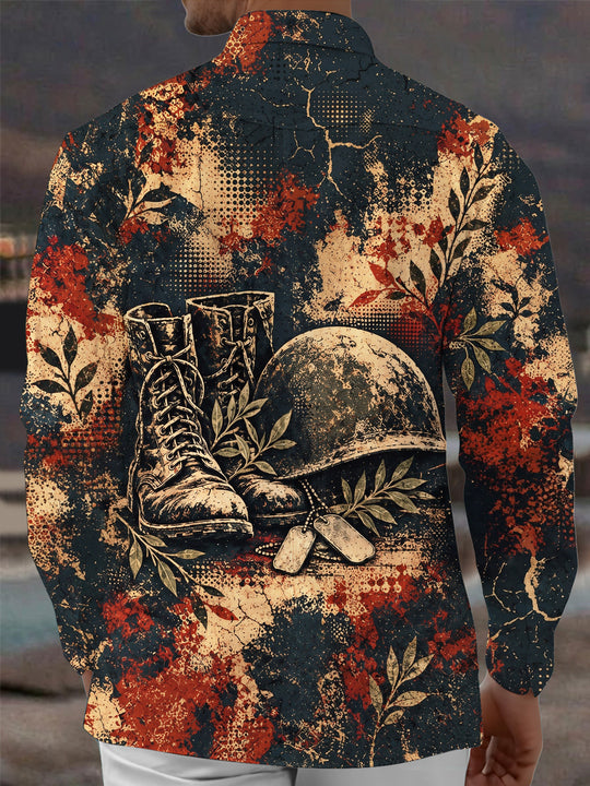 Adaychic Men's Long Sleeve Shirt - Veterans Day Military Helmet Boots And Dog Tags With Laurel Leaves Print with Chest Pocket