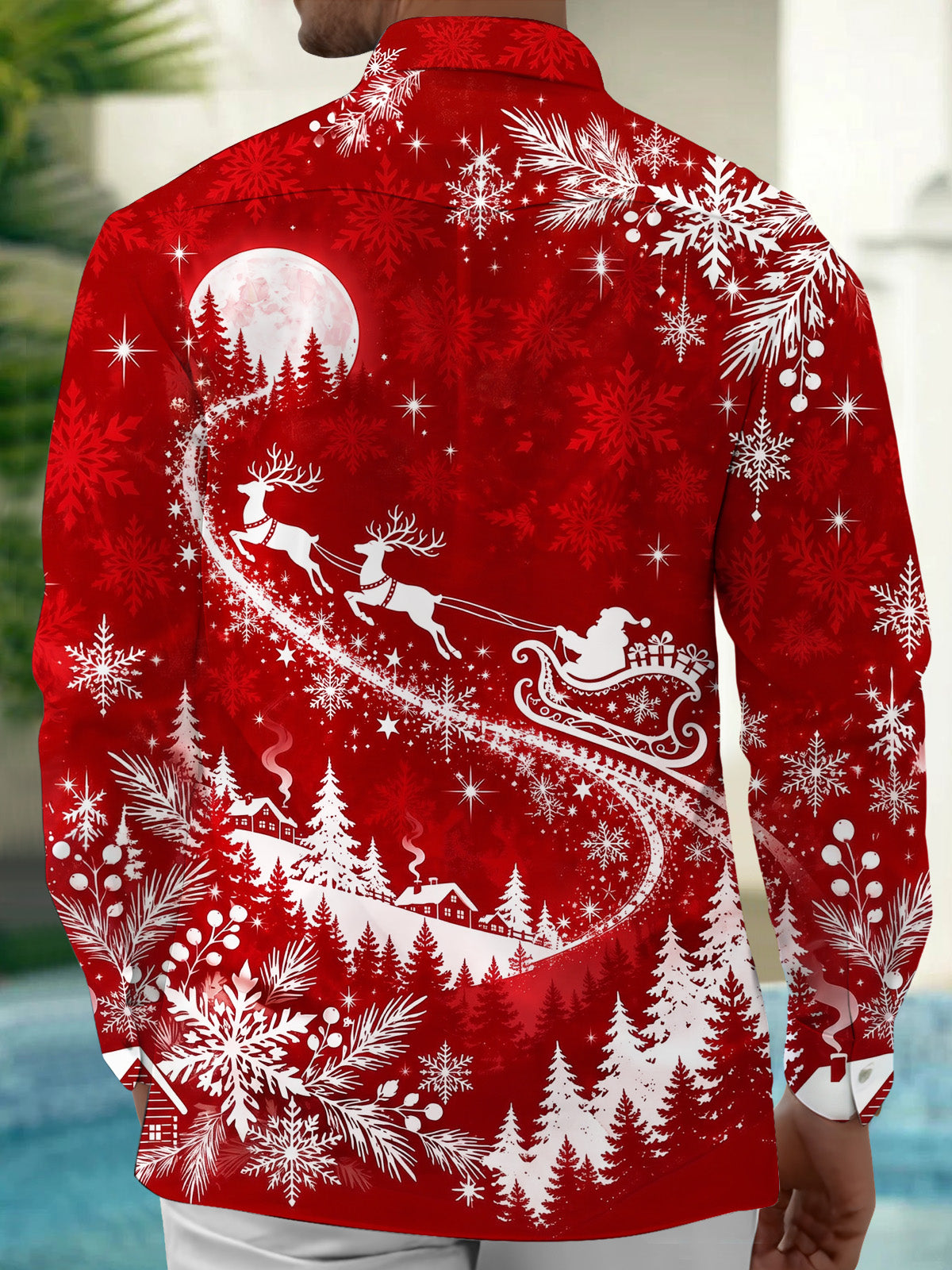 Adaychic Men's Printed Christmas Sleigh And Reindeer Print Long Sleeve Shirt with Chest Pocket