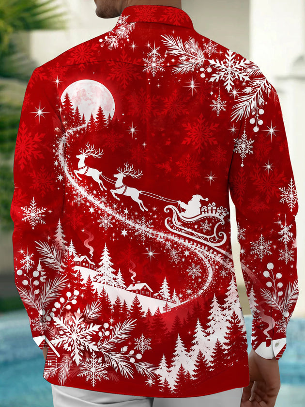 Adaychic Men's Printed Snowflakes Print Winter Forest Print Long Sleeve Shirt with Chest Pocket