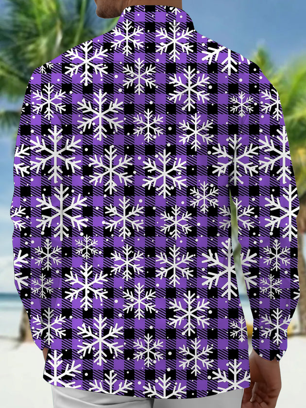 Adaychic Men's Printed Snowflake Pattern Long Sleeve Shirt with Chest Pocket