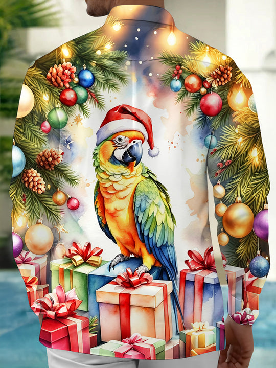 Adaychic Men's Hawaiian Christmas Parrot Print Long Sleeve Shirt with Chest Pocket