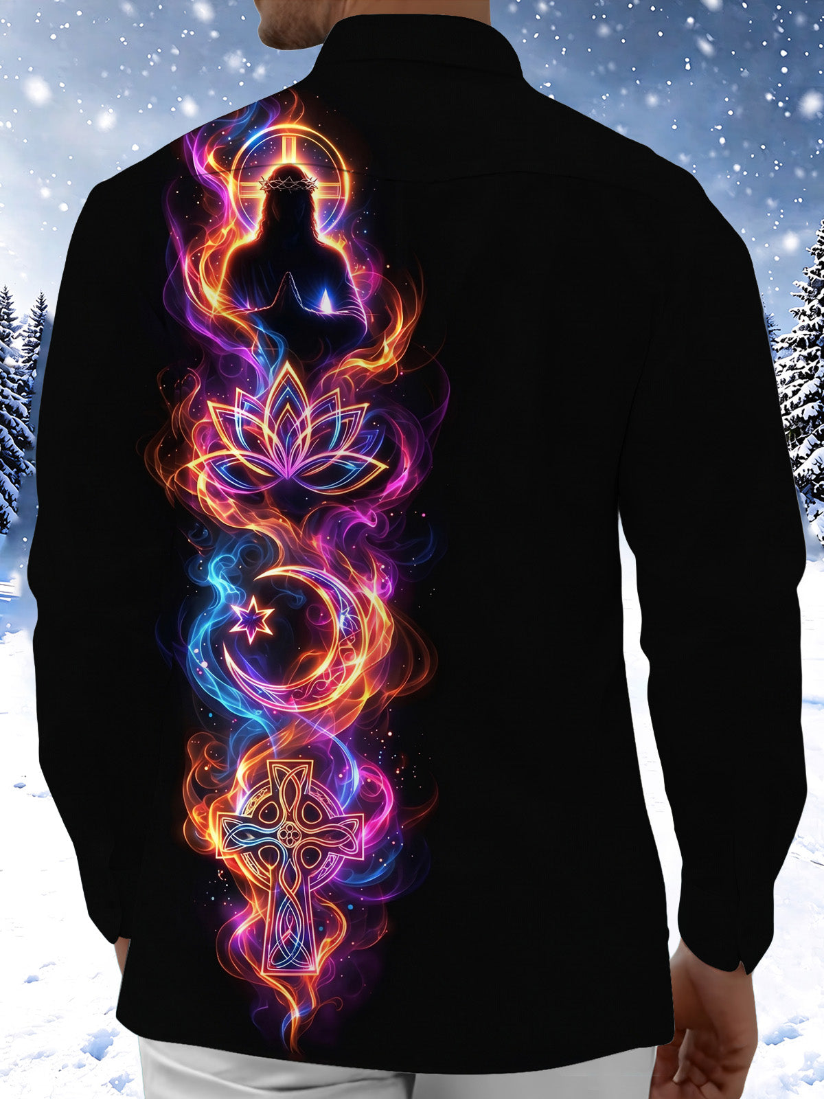 Adaychic Men's Neon Religious And Spiritual Symbols Print Long Sleeve Shirt with Chest Pocket