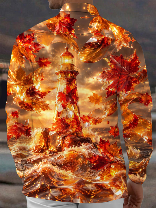 Adaychic Men's Printed Lighthouse Print Maple Leaves Print Long Sleeve Shirt with Chest Pocket