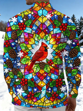 Adaychic Men's Christmas Stained Glass Cardinal Bird Print Long Sleeve Shirt with Chest Pocket