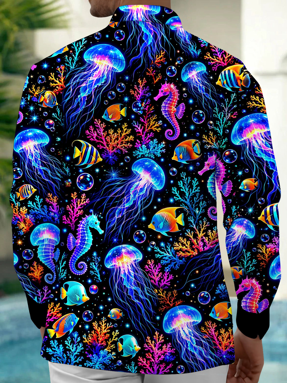 Adaychic Men's Graphic Neon Jellyfish And Seahorse Print Long Sleeve Shirt with Chest Pocket