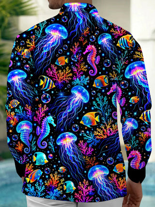 Adaychic Men's Graphic Neon Jellyfish And Seahorse Print Long Sleeve Shirt with Chest Pocket