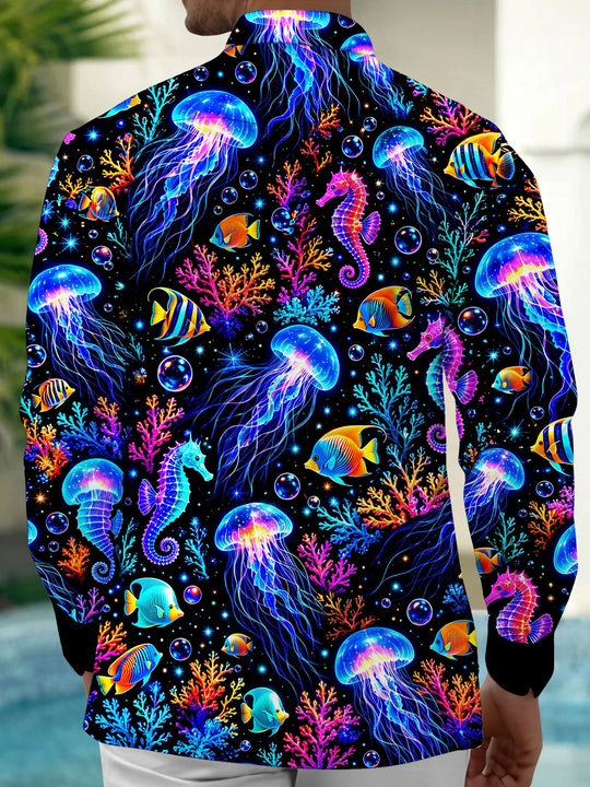 Adaychic Men's Graphic Neon Jellyfish And Seahorse Print Long Sleeve Shirt with Chest Pocket