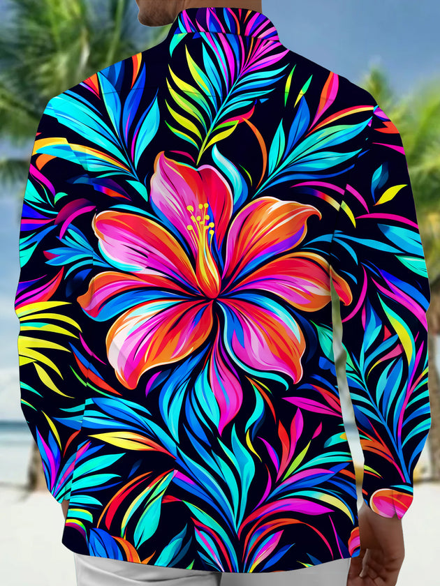 Adaychic Men's Neon Hibiscus Flower And Tropical Leaves Print Long Sleeve Shirt with Chest Pocket