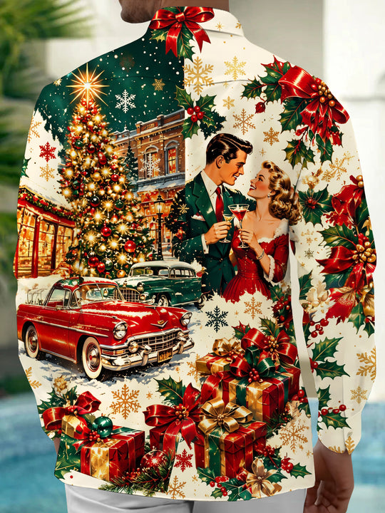Adaychic Men's Long Sleeve Shirt - Vintage Couple And Christmas Street Scene Print with Chest Pocket