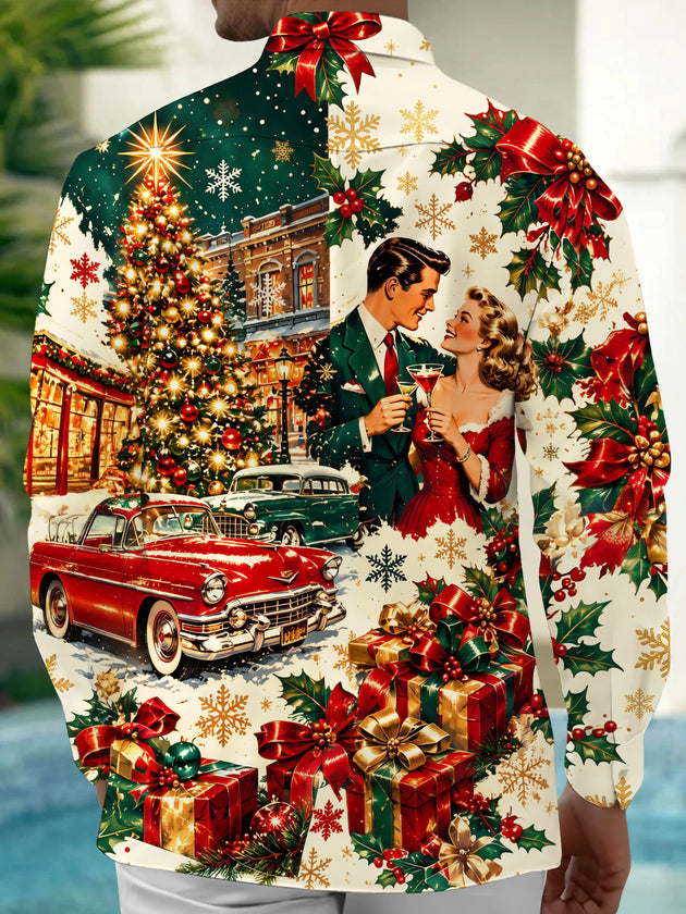Adaychic Men's Long Sleeve Shirt - Vintage Couple And Christmas Street Scene Print with Chest Pocket