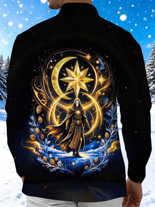 Adaychic Men's Cloaked Warrior With Moon And Star Print Long Sleeve Shirt with Chest Pocket