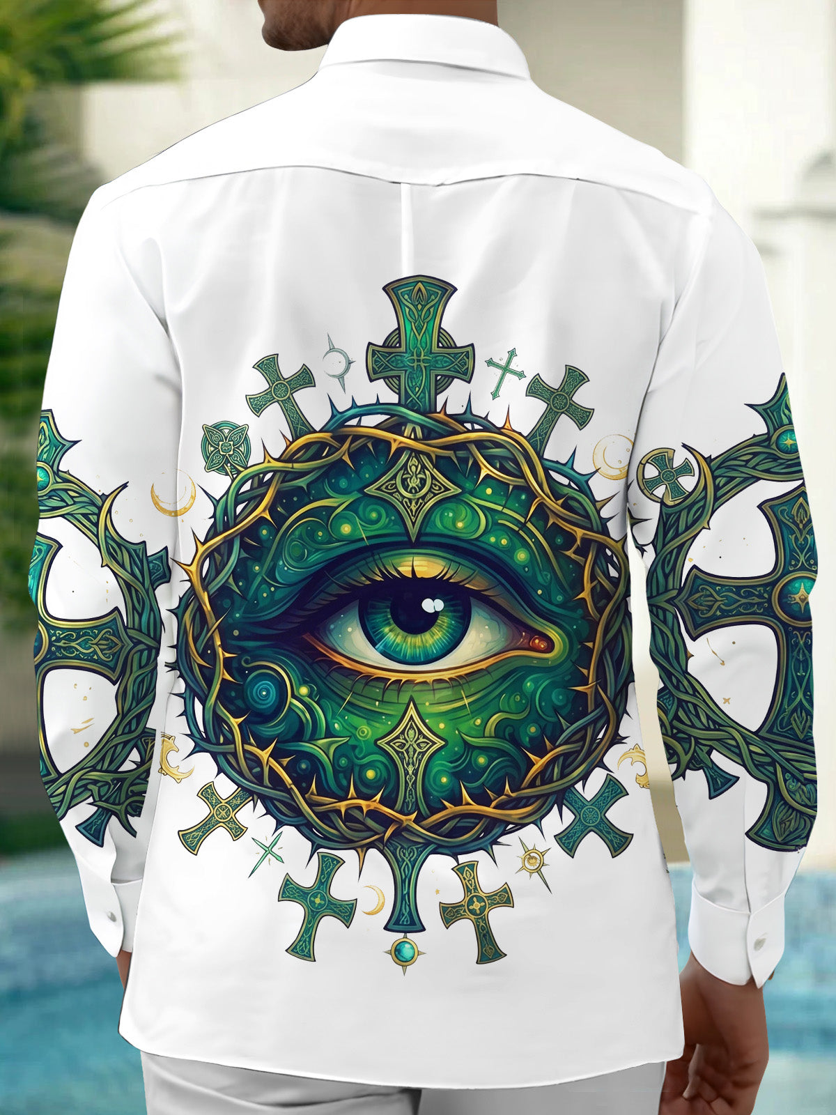 Adaychic Men's Long Sleeve Shirt - All-seeing Eye With Thorn Crown And Crosses Print with Chest Pocket