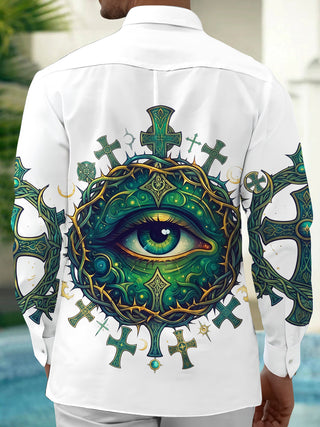 Adaychic Men's Long Sleeve Shirt - All-seeing Eye With Thorn Crown And Crosses Print with Chest Pocket