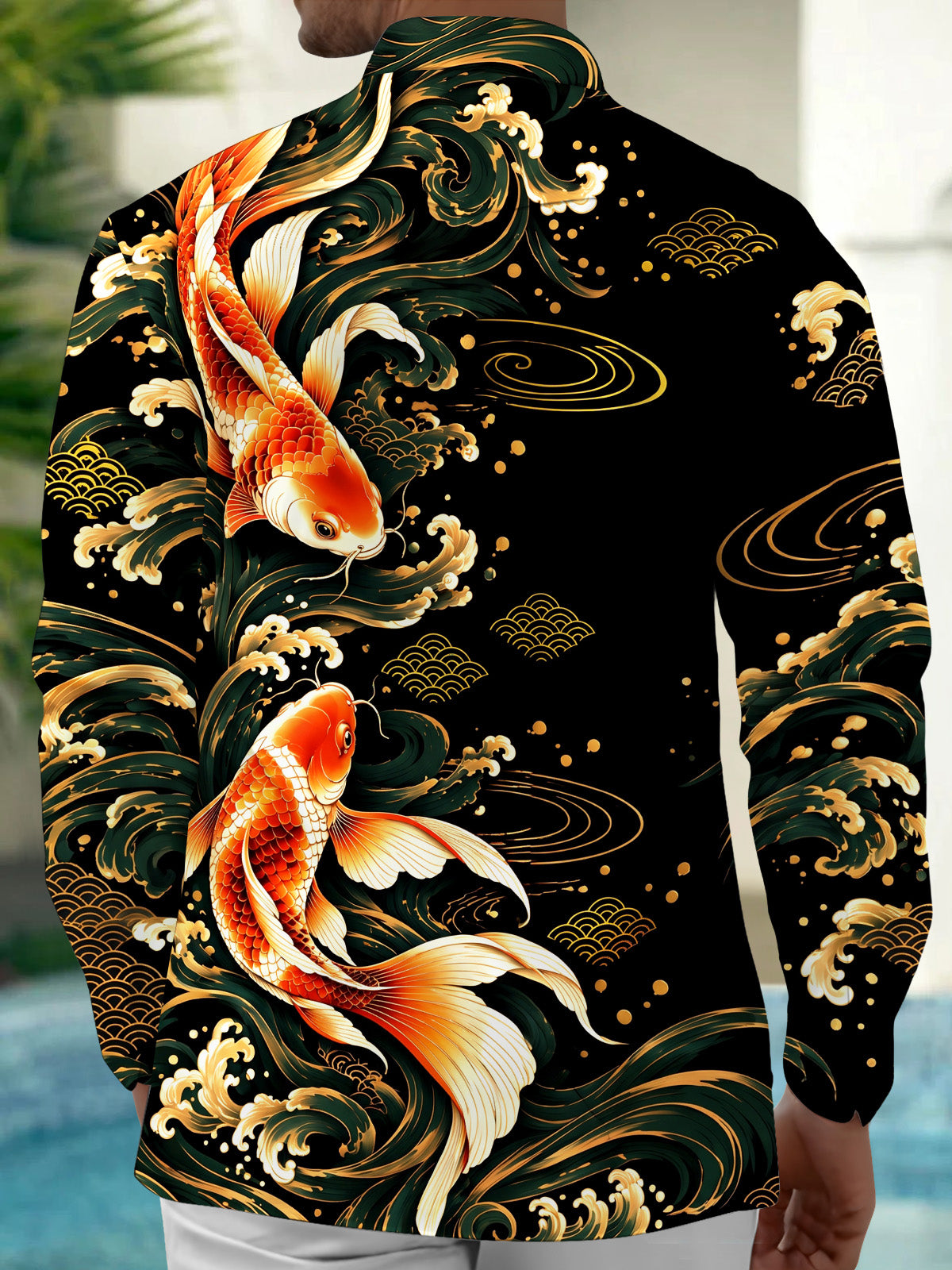 Adaychic Men's Hawaiian Koi Fish And Waves Print Long Sleeve Shirt with Chest Pocket