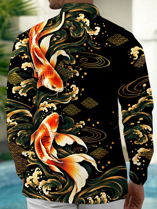 Adaychic Men's Hawaiian Koi Fish And Waves Print Long Sleeve Shirt with Chest Pocket