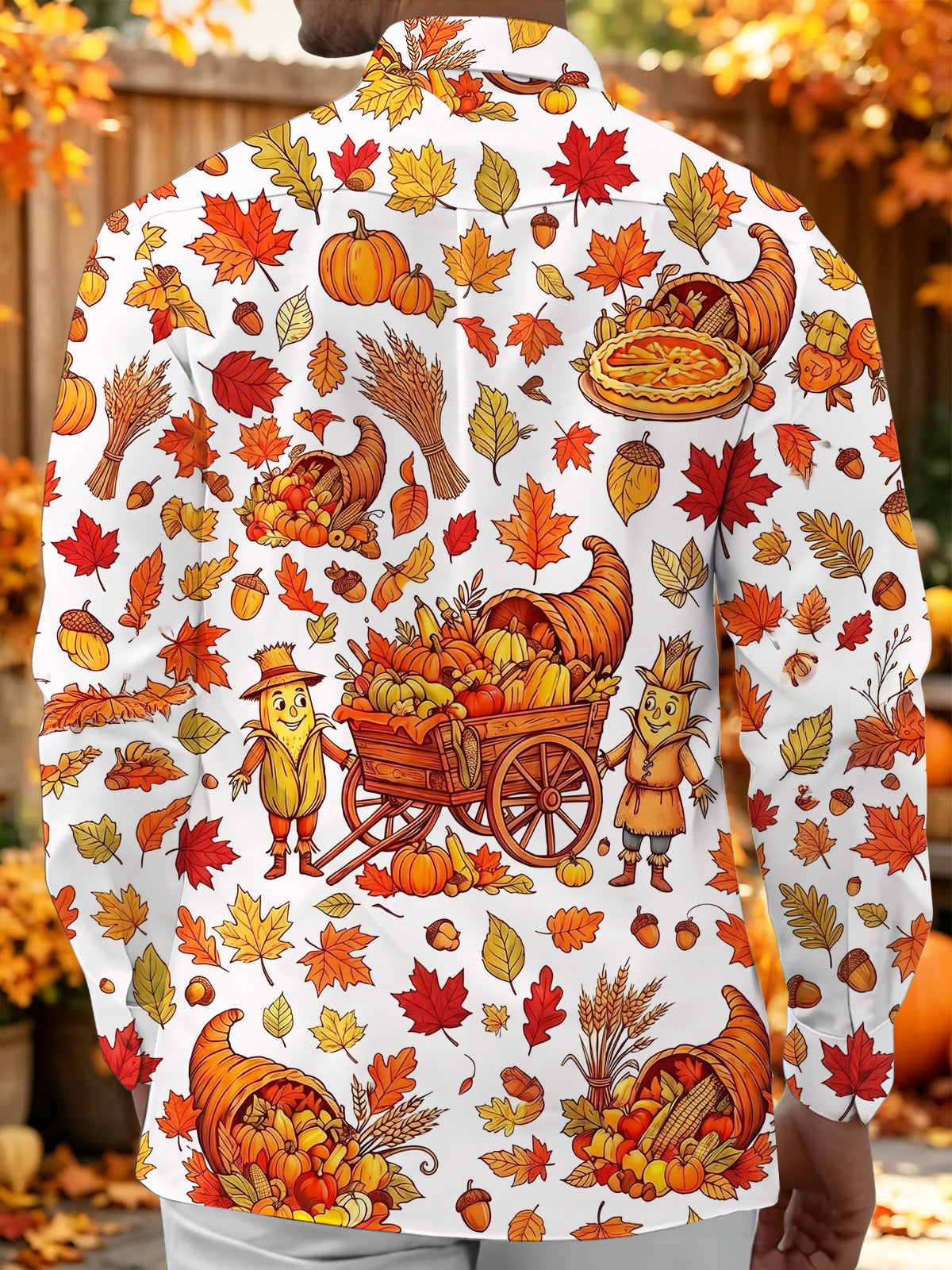 Adaychic Men's Long Sleeve Shirt - Thanksgiving Cornucopia And Harvest Cartoons Print with Chest Pocket