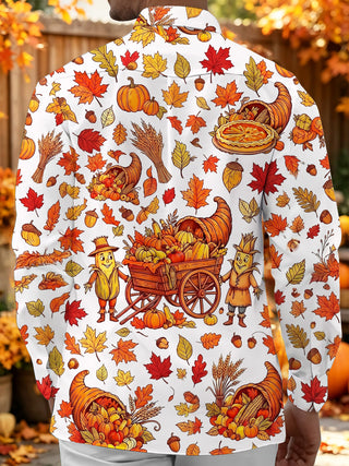 Adaychic Men's Long Sleeve Shirt - Thanksgiving Cornucopia And Harvest Cartoons Print with Chest Pocket