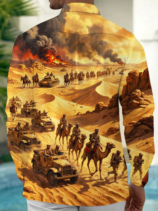 Adaychic Men's World War II Desert Military Scene Print Long Sleeve Shirt with Chest Pocket