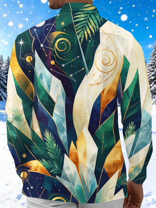 Adaychic Men's Printed Geometric Crystal And Starry Sky Print Long Sleeve Shirt with Chest Pocket