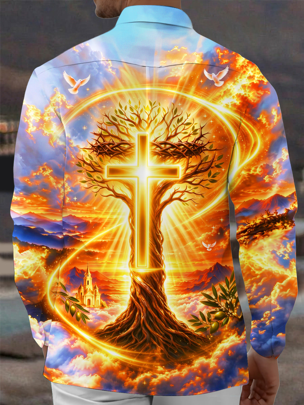 Adaychic Men's Graphic Tree Of Life And Golden Cross Print Long Sleeve Shirt with Chest Pocket