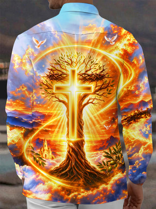 Adaychic Men's Graphic Tree Of Life And Golden Cross Print Long Sleeve Shirt with Chest Pocket