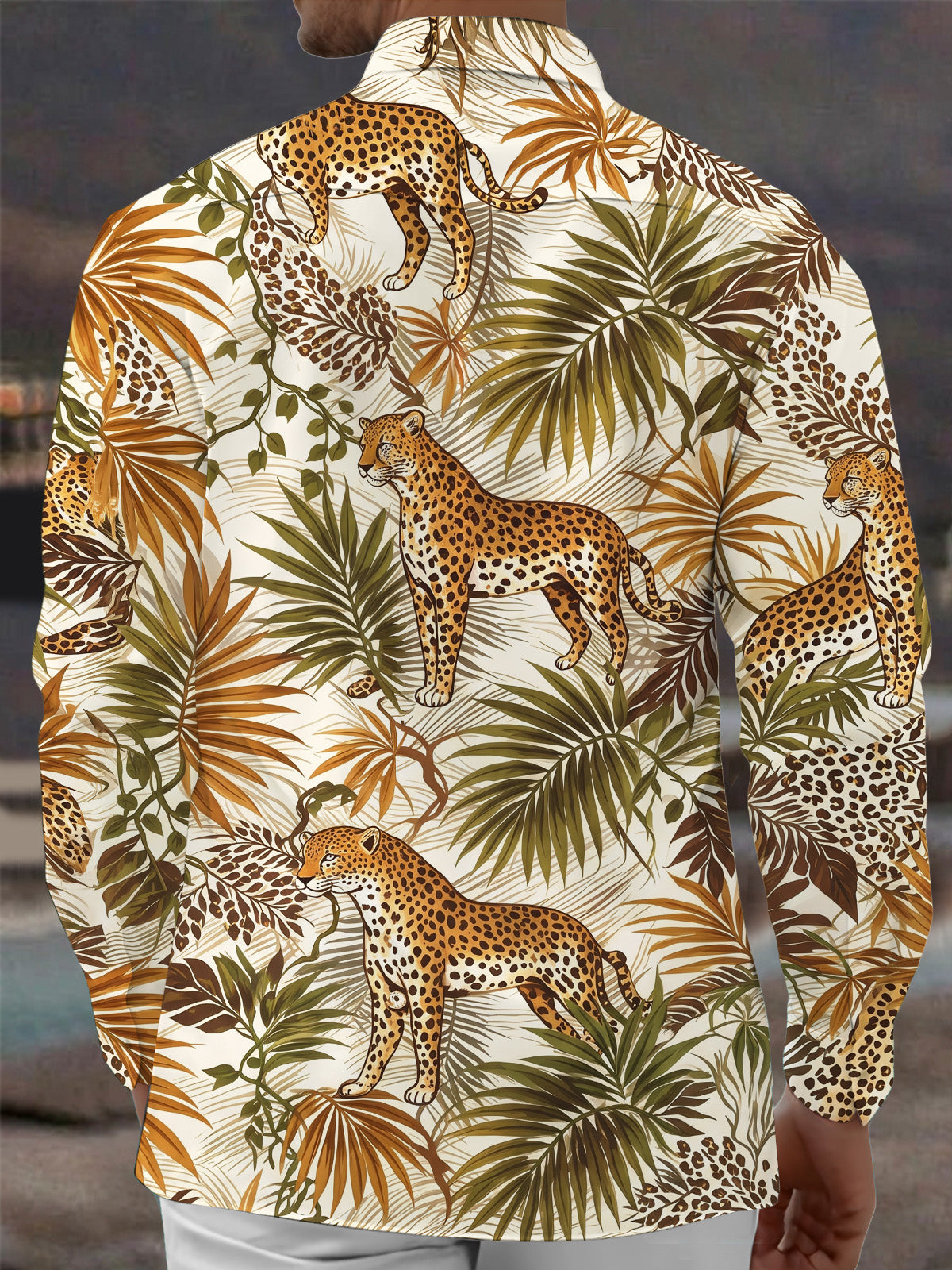 Adaychic Men's Hawaiian Leopard And Palm Leaves Print Long Sleeve Shirt with Chest Pocket