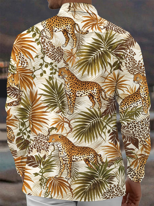 Adaychic Men's Hawaiian Leopard And Palm Leaves Print Long Sleeve Shirt with Chest Pocket