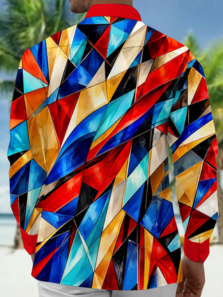 Adaychic Men's Colorful Geometric Abstract Shapes Print Long Sleeve Shirt with Chest Pocket