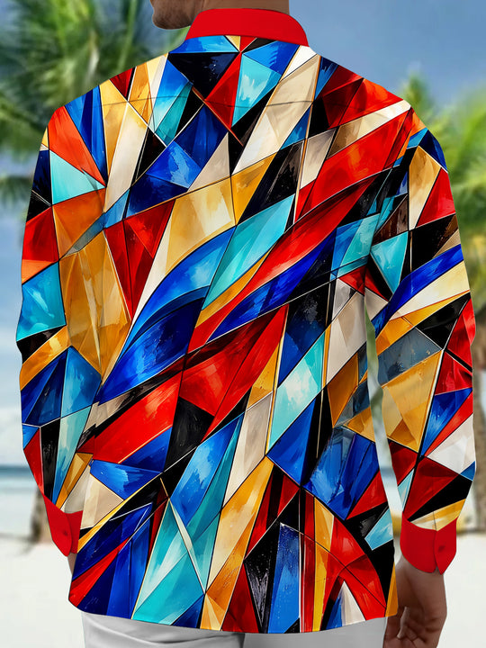 Adaychic Men's Colorful Geometric Abstract Shapes Print Long Sleeve Shirt with Chest Pocket