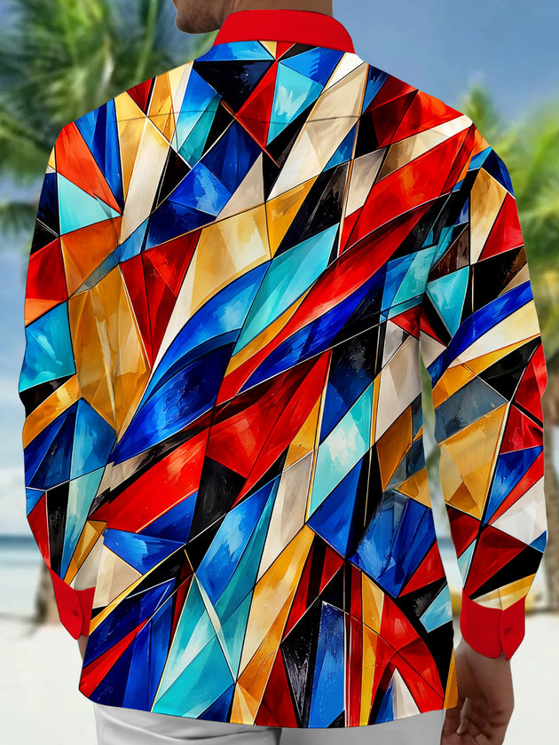 Adaychic Men's Colorful Geometric Abstract Shapes Print Long Sleeve Shirt with Chest Pocket