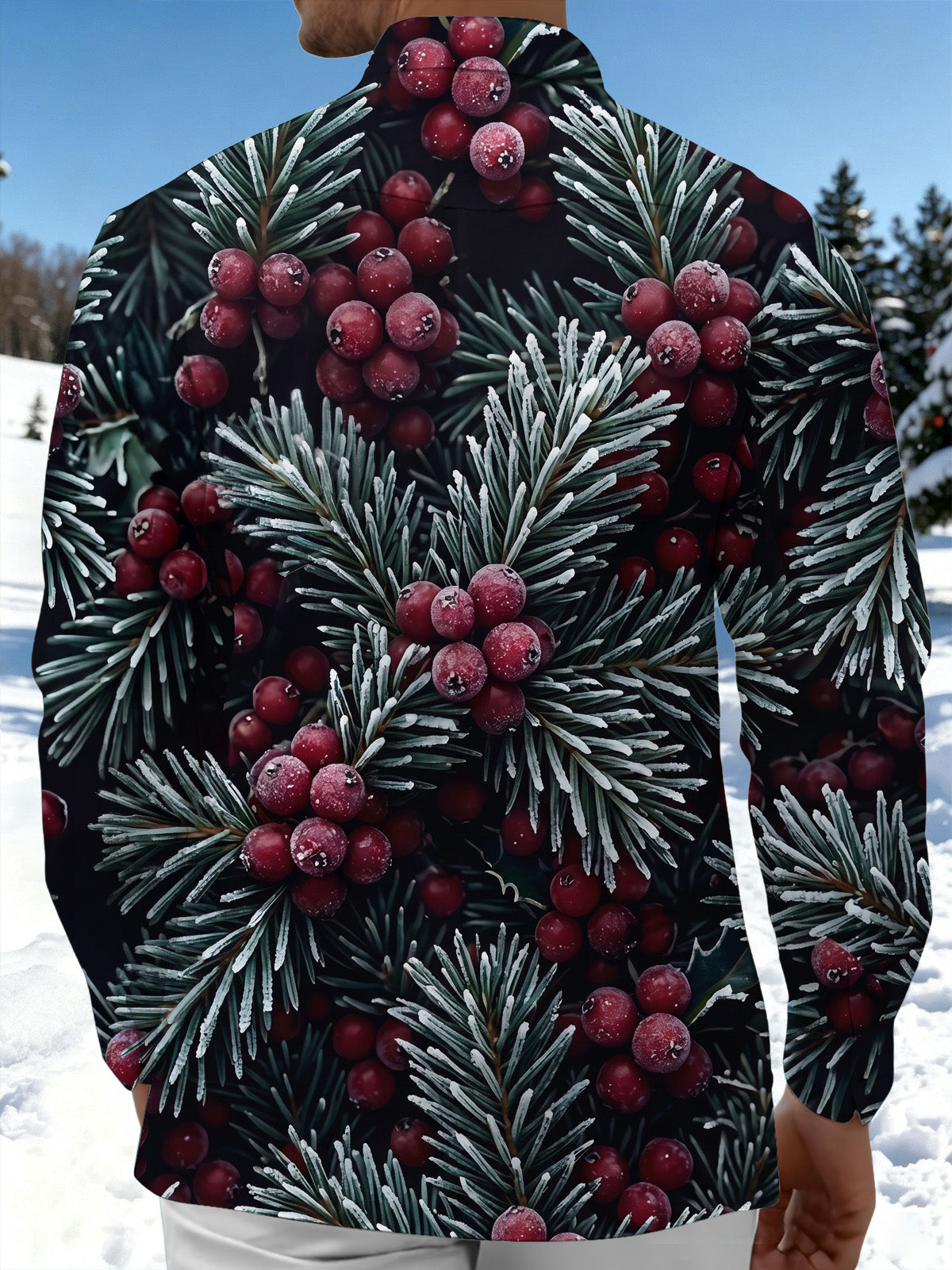 Adaychic Men's Long Sleeve Shirt - Christmas Frosted Pine Needles And Red Berries Print with Chest Pocket