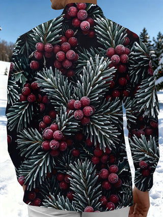 Adaychic Men's Long Sleeve Shirt - Christmas Frosted Pine Needles And Red Berries Print with Chest Pocket