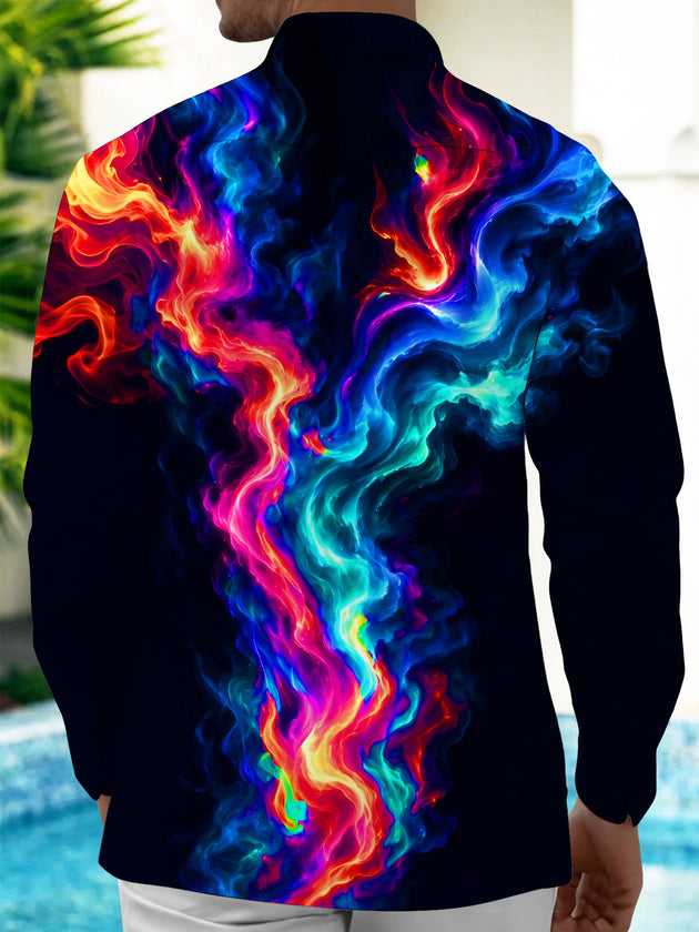 Adaychic Men's Abstract Abstract Color Smoke Print Long Sleeve Shirt with Chest Pocket