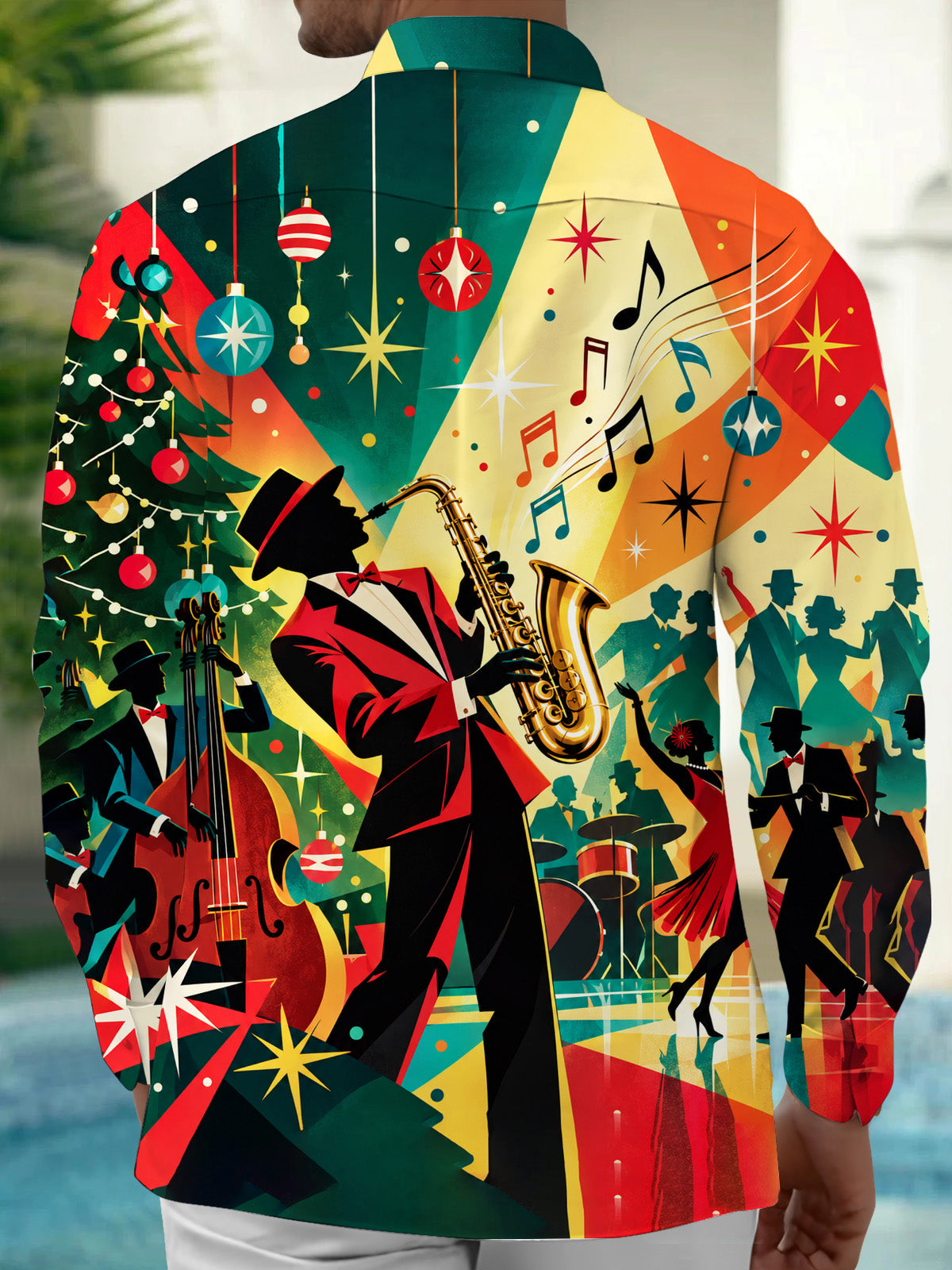 Adaychic Men's Graphic Christmas Jazz Saxophone Print Long Sleeve Shirt with Chest Pocket