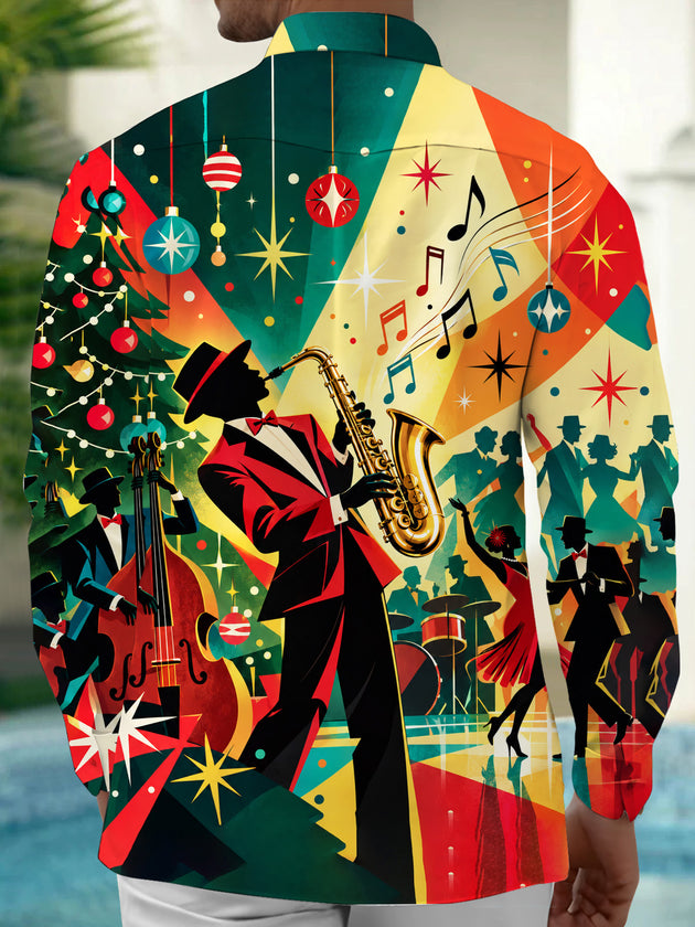 Adaychic Men's Graphic Christmas Jazz Saxophone Print Long Sleeve Shirt with Chest Pocket