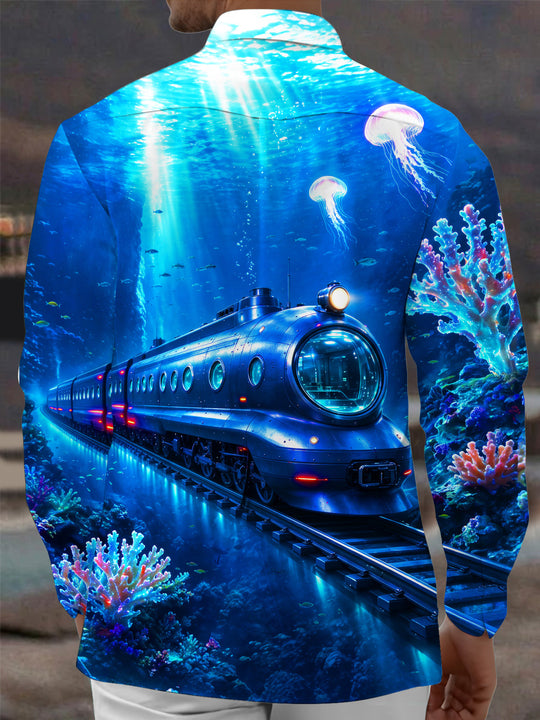 Adaychic Men's Graphic Underwater Train Print Long Sleeve Shirt with Chest Pocket