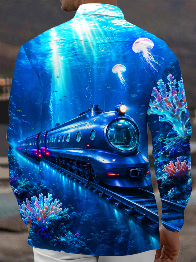 Adaychic Men's Graphic Underwater Train Print Long Sleeve Shirt with Chest Pocket