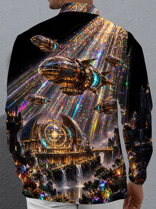 Adaychic Men's Steampunk Airships And Fantasy Cityscape Print Long Sleeve Shirt with Chest Pocket