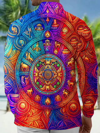 Adaychic Men's Graphic Biblical Symbol Mandala Print Long Sleeve Shirt with Chest Pocket