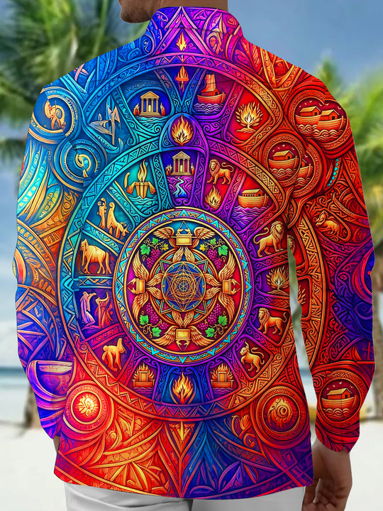 Adaychic Men's Graphic Biblical Symbol Mandala Print Long Sleeve Shirt with Chest Pocket
