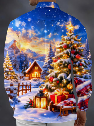 Adaychic Men's Printed Christmas Tree And Ornaments Print Long Sleeve Shirt with Chest Pocket