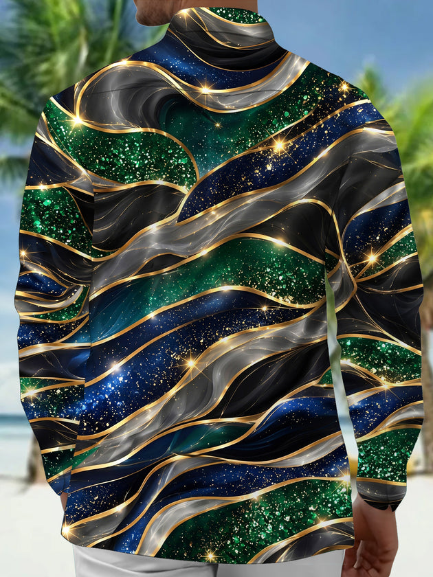 Adaychic Men's Abstract Wavy Lines And Sparkles Print Long Sleeve Shirt with Chest Pocket