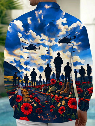 Adaychic Men's Long Sleeve Shirt - Memorial Day Soldier Silhouettes And Military Equipment Print with Chest Pocket