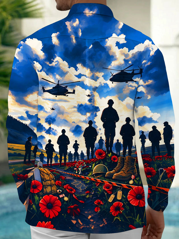 Adaychic Men's Long Sleeve Shirt - Memorial Day Soldier Silhouettes And Military Equipment Print with Chest Pocket