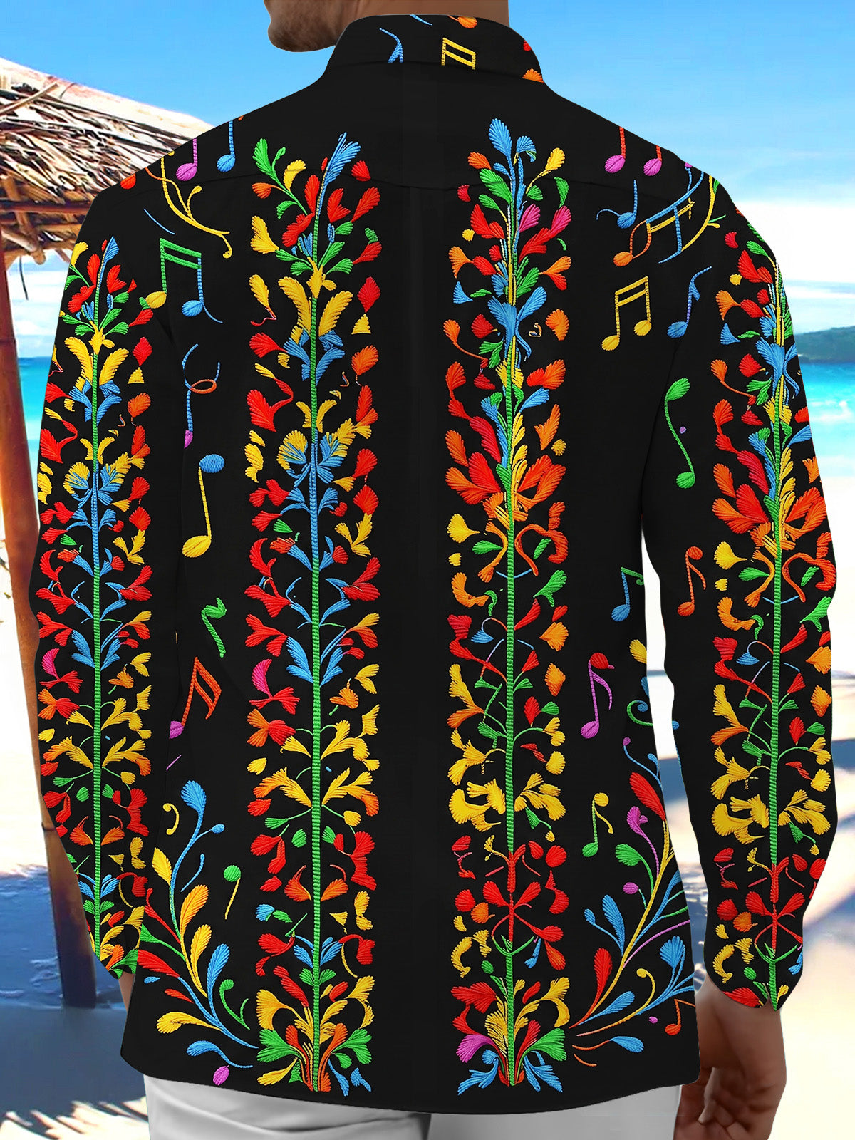Adaychic Men's Graphic Colorful Musical Notes Print Long Sleeve Shirt with Chest Pocket
