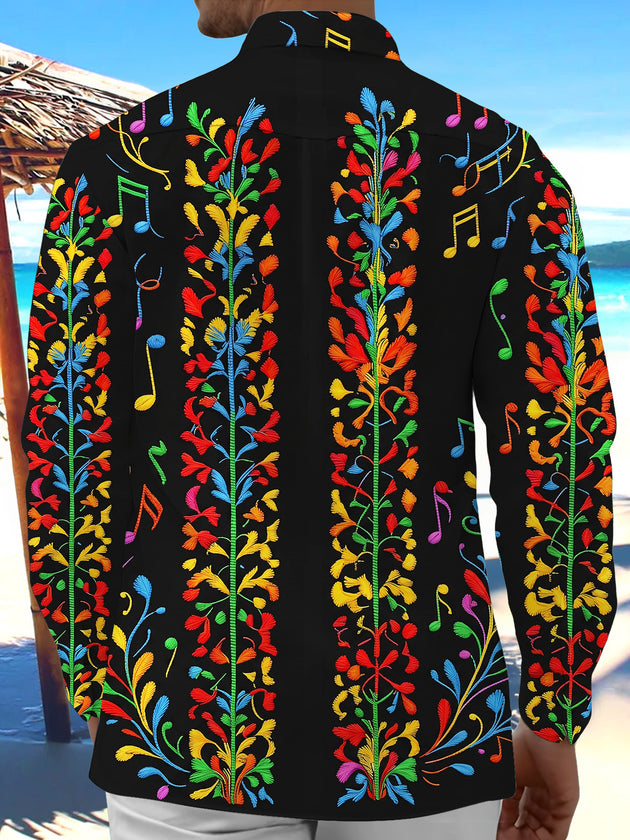 Adaychic Men's Graphic Colorful Musical Notes Print Long Sleeve Shirt with Chest Pocket