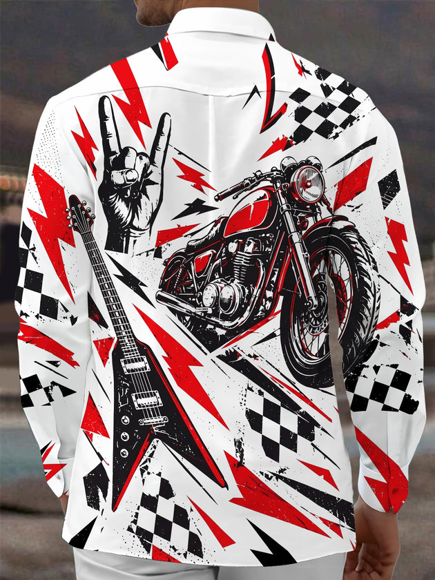 Adaychic Men's Graphic Motorcycle Print Electric Guitar Print Long Sleeve Shirt with Chest Pocket