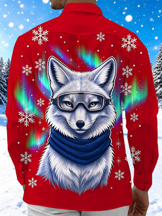 Adaychic Men's Arctic Fox With Goggles And Scarf Print Long Sleeve Shirt with Chest Pocket